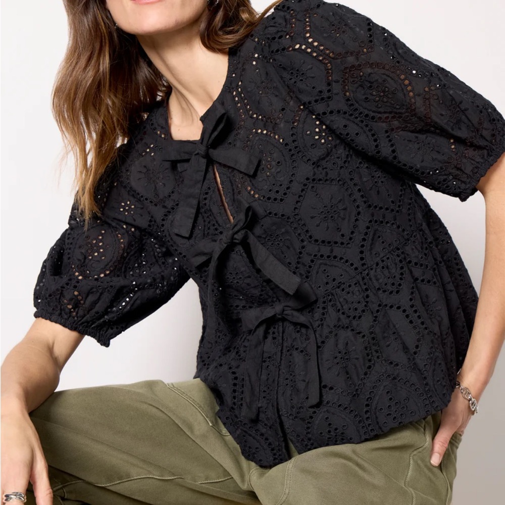 Evereve Black Elise Eyelet Blouse with Bow Details
